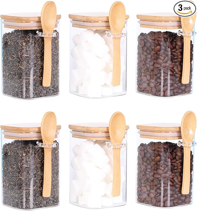 Glass Jar with Bamboo Lid and Spoon,Set of 6 Square 17 OZ Tea Containers for Loose Leaf Tea, Salt and Sugar Containers for Countertop, Yogurt Jars for Overnight Oatmeal