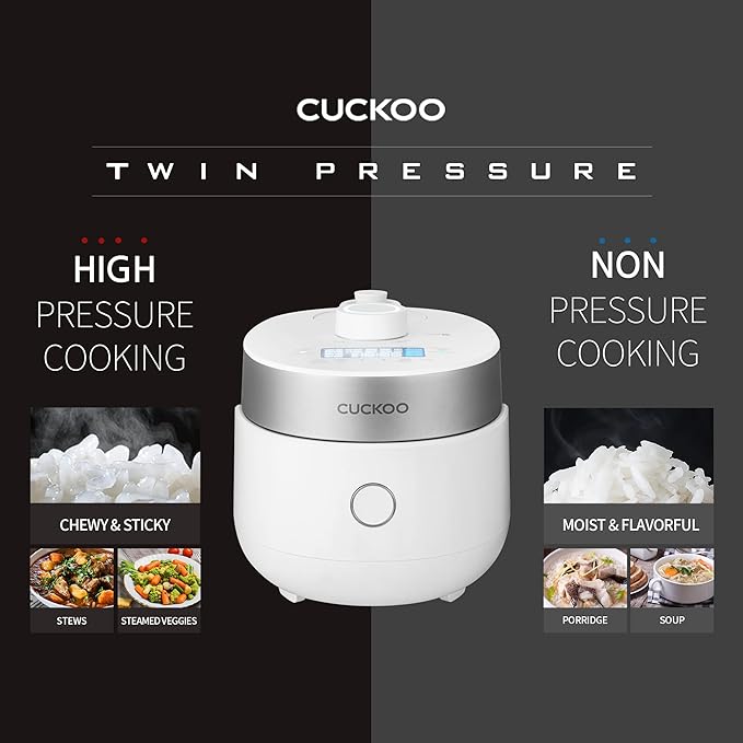 CUCKOO Twin Pressure Rice Cooker 3-Cup Uncooked / 6-Cup Cooked with Induction Heating Technology, 15 Menu Modes with Voice Guide, Small Rice Maker Multi-Cooker & Pressure Cooker (CRP-MHTR0309FW)