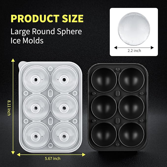 6 Chamber 2.2" 3D Round Ball Ice Cube Tray With Funnel,Large Circle Ice Ball Maker Mold Silicone Fun Shapes Bourbon Sphere Ice Cube Molds,For Chilling Whiskey,Cocktails,Bourbon,Brandy and Beverages
