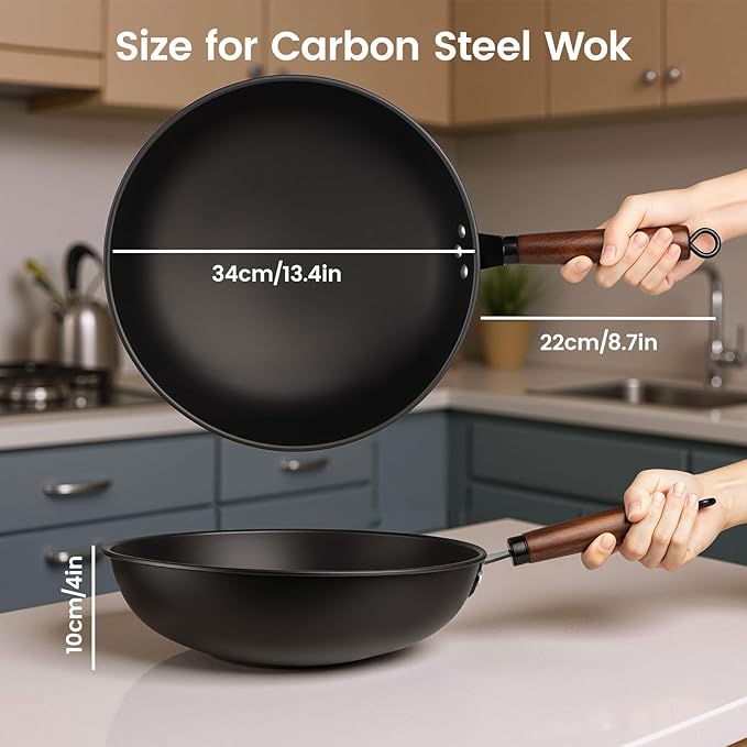 Carbon Steel Wok, 13-Inch Chinese Round Bottom Wok with lid, Woks & Stir-Fry Pans Nonstick for Induction, Electric, Gas Stoves
