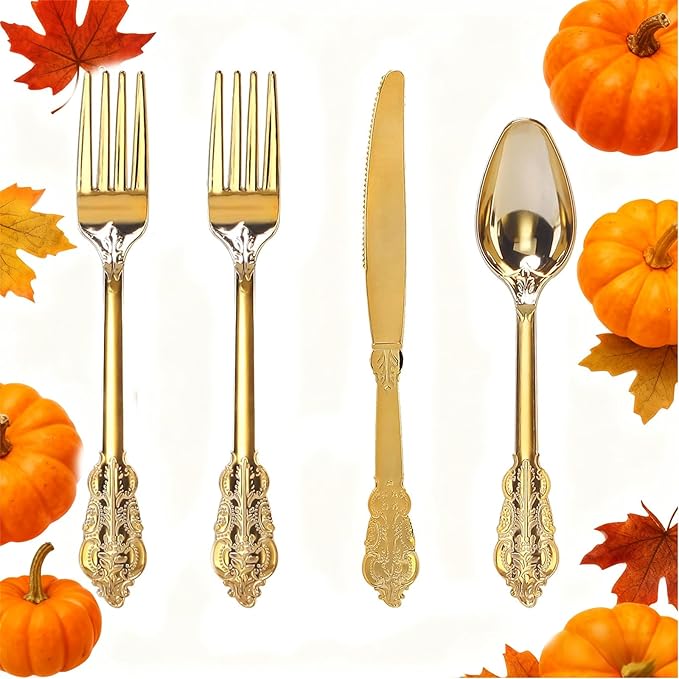 WDF 200 Pieces Gold Plastic Silverware Disposable - 50 Guests Heavy Duty Thanksgiving Gold Plastic Cutlery - Disposable Utensils Includes 100 Forks, 50 Spoons, 50 Knives Perfect for Party/Weeding