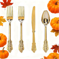 WDF 200 Pieces Gold Plastic Silverware Disposable - 50 Guests Heavy Duty Thanksgiving Gold Plastic Cutlery - Disposable Utensils Includes 100 Forks, 50 Spoons, 50 Knives Perfect for Party/Weeding