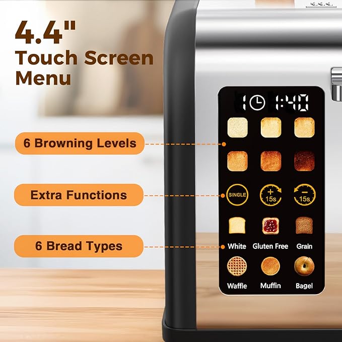2 Slice Touch Screen Toaster, Stainless Steel Toaster with Wide Slots for Bagels and Bread, Reheat/Defrost/Cancel Functions, Removable Crumb Tray, Matt Black