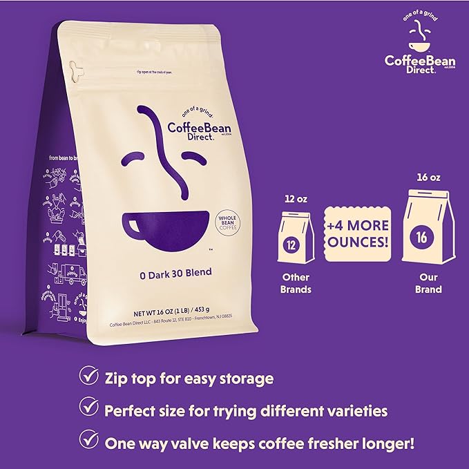 Coffee Bean Direct 0 Dark 30 Blend, Whole Bean Coffee, Mixed Roast, 1 Pound Bag (Pack of 1)