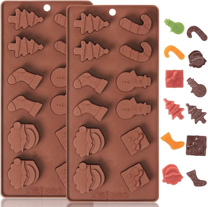 Chocolate Molds Silicone Christmas, Small Silicone Molds with 6 Shapes of Santa/Stockings/Tree/Candy Cane/Snowman/Xmas Box, Mini Candy Mold for Gummy/Fudge/Jelly/Fruit Snacks, 2 Pcs