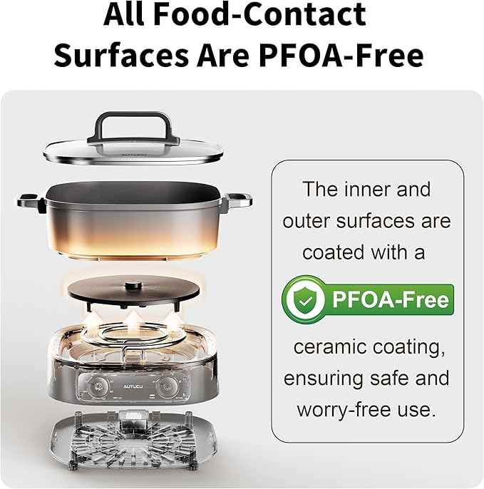 6-Quart Electric Skillet with Grill | Non-Stick PFOA-Free Ceramic-Coated Pot, 1600W, Timer & 3 Power Settings for Steak, Egg, Ramen (Includes Grill Tongs) Pot & Grill