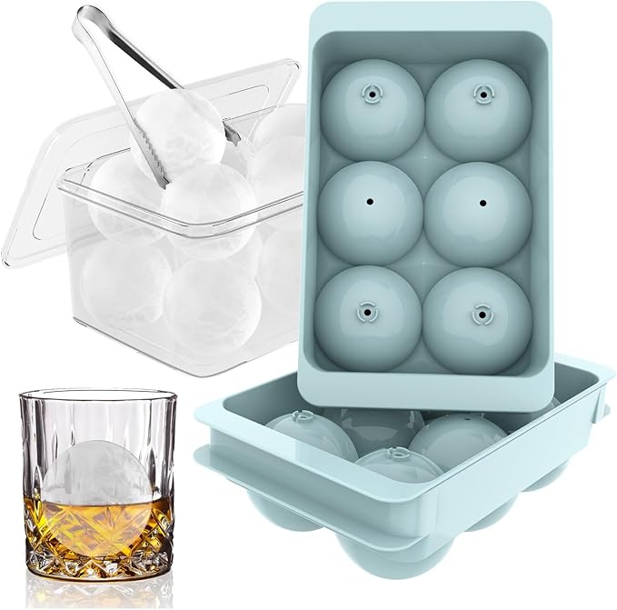 WIBIMEN Large Ice Cube Molds, Big Round Whiskey Ice Cube Trays for Freezer, Easy to Fill & Release, Whiskey Bourbon Cocktail(1.9In*6 Balls- Blue/2 Pack)