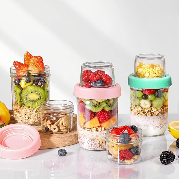 ComSaf Overnight Oats Containers with Lids (16oz+4oz, 4Pcs), Dual-Laryer Chia Pudding Jars with Dry and Wet Separation, Yogurt Parfait Cups for Oatmeal Cereal Nut Fruit, Meal Prep Glass Jars for Salad