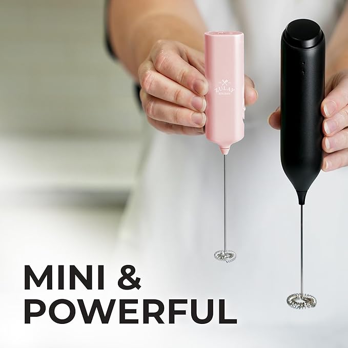 Mini & Mighty Milk Frother Wand – Powerful Handheld Coffee Frother, Battery Operated Drink Mixer – Compact Pocket Size – Detachable Whisk for Latte, Cappuccino, Matcha, Hot Chocolate – Pink Salt