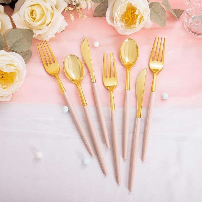 Rubtlamp 90Pcs Gold Plastic Silverware, Thanksgiving Gold Utensils Set With Pink Handles Include 30 Gold Knives, 60Plastic Forks and Spoons, Pink Silverware Heavy Duty For Thanksgiving