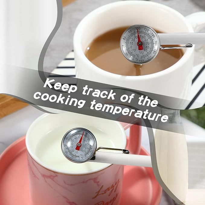 Xuhal 6 Pcs Stainless Steel Kitchen Thermometer with 5 Inch Long Stem 1 Inch Dial Thermometer Milk Frothing Food for Oven Probe Meat Grill BBQ Cooking Chocolate Water(White)