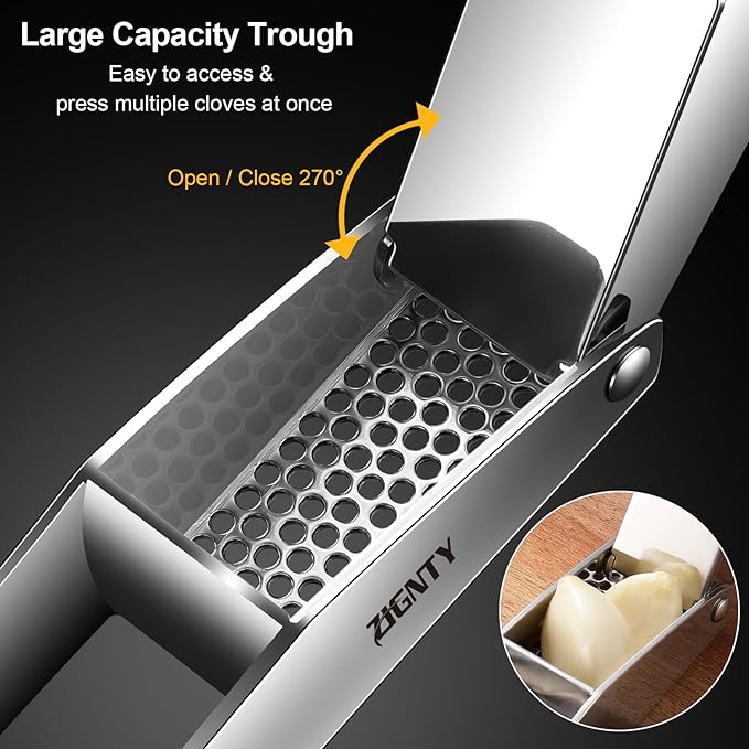 Garlic Press Stainless Steel，Premium Garlic Mincer Tool，No Need to Peel Garlic Ginger Crusher & Masher Easy Squeeze Large Trough Ergonomic Handle，Rust Proof，Dishwasher Safe (5 Years Warranty)