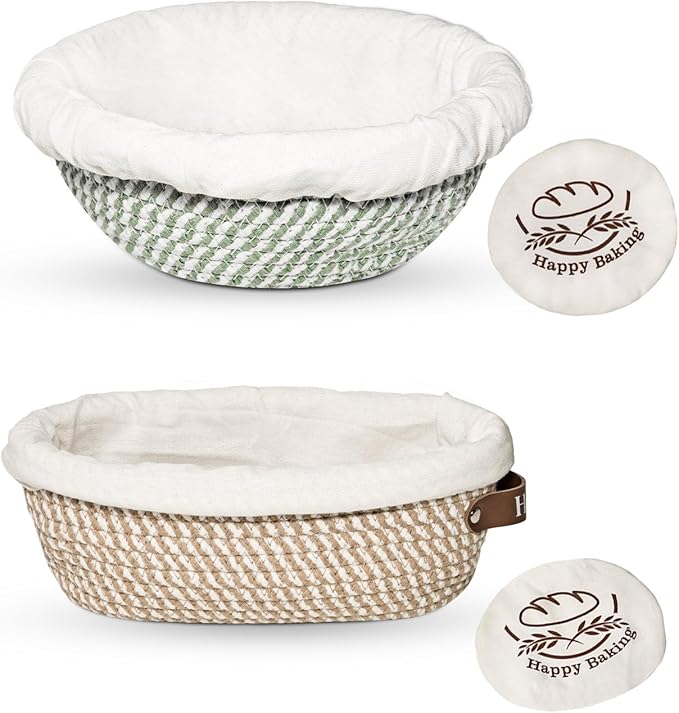 Banneton Bread Basket, 9" Round and 10" Oval Bread Proofing Basket Set with Cotton Liners and Covers, Bread Basket Proofing Bowl Ideal for Sourdough Starter and Artisan Loaf Baking