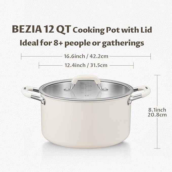 12 Quart Tri-Ply Stainless Steel Stock Pots with Lid, BEZIA Induction Soup Pot with Lid, Large Kitchen Cooking Pots with Silicone Handle, Compatible with All Cooktops, Free of PTFE/PFOA/PFOS