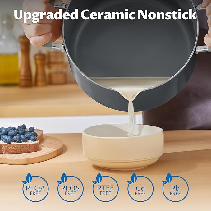 8 Quart Nonstick Stock Pot with Lid, BEZIA Ceramic Soup Pot with Lid, Induction Ready, Large Cooking Pot with Silicone Handle, Compatible with All Cooktops, Dishwasher Safe