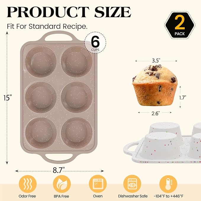 Vinino 2Pack Jumbo Silicone Muffin Pans for Baking with Metal Reinforced Frame, 6 Cups Large Size Nonstick Silicone Cupcake Pan, BPA Free Oven Dishwasher Safe Baking Mold for Muffins Cupcakes