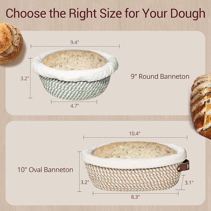Banneton Bread Basket, 9" Round and 10" Oval Bread Proofing Basket Set with Cotton Liners and Covers, Bread Basket Proofing Bowl Ideal for Sourdough Starter and Artisan Loaf Baking