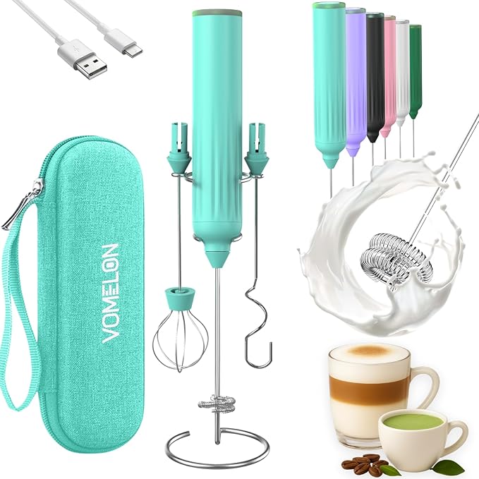 Milk Frother Handheld with 3 Stainless Steel Whisks, Rechargeable Electric Drink Mixer with Stand & Travel Case, Milk Foamer for Coffee, Latte, Cappuccino, Hot Chocolate, Egg,Jam Supplement-Mint