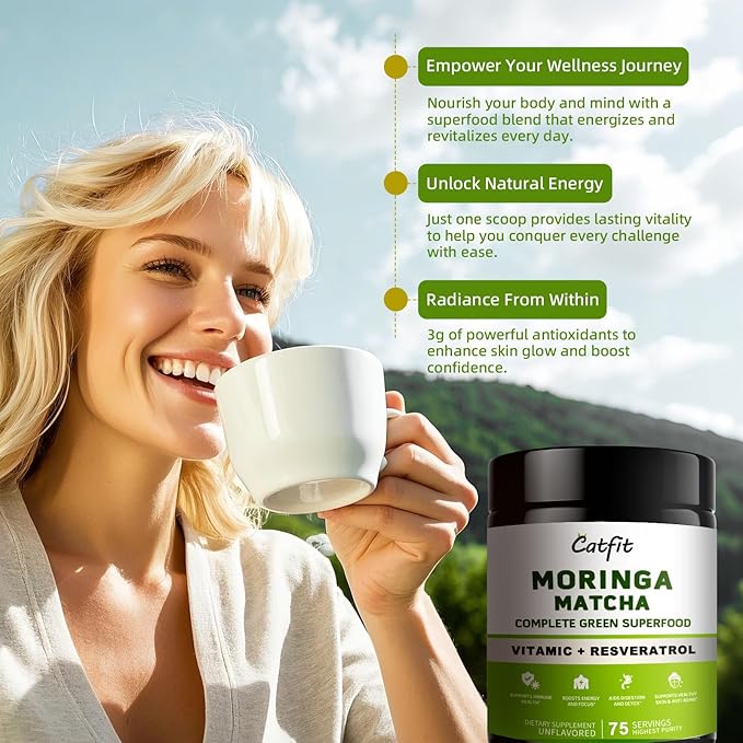 Matcha Moringa Powder – Superfood Blend with Green Tea & Resveratrol, Energy & Focus Support, Immune & Antioxidant Defense, Vegan, Gluten-Free, 8.8oz