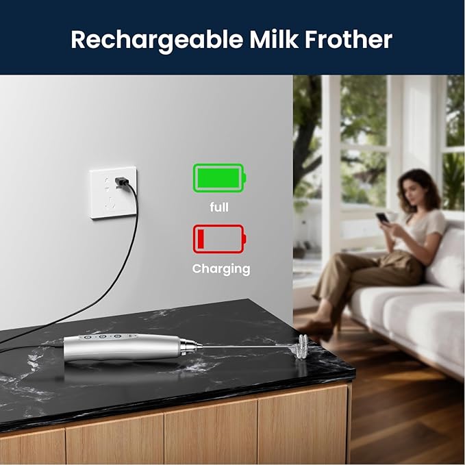 Milk Frother Rechargeable Handheld-Electric Whisk 3 Speed Adjustable, Coffee Frother Wand with 3 Stainless Whisks, Electric Foam Maker, Drink Mixer Blender for Latte Cappuccino Matcha Egg