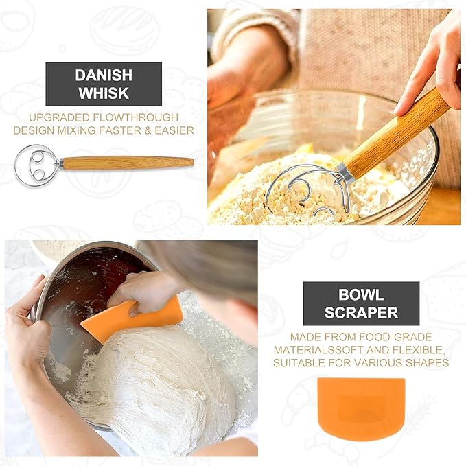 Sourdough Starter Kit, Baking Supplies Set with 2 Banneton Proofing Baskets, 24oz Sourdough Jar, Silicone Pastry Mat, Bread Sling and Essential Tools for Bread Making