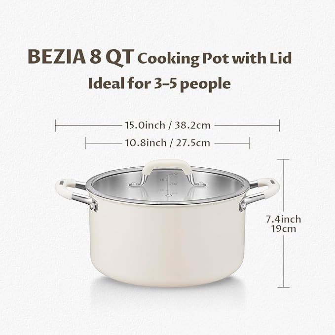 8 Quart Tri-Ply Stainless Steel Stock Pots with Lid, BEZIA Induction Soup Pot with Lid, Large Kitchen Cooking Pots with Silicone Handle, Compatible with All Cooktops, Free of PTFE/PFOA/PFOS