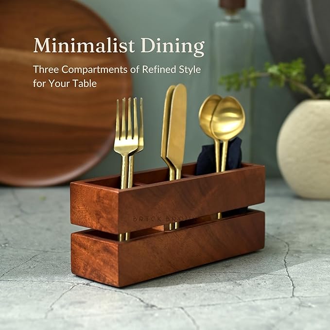 Brick Brown Premium Handcrafted 3-Partition Wooden Cutlery Holder Storage Spoon, Knife, Fork, Chopstick Caddy Self Organizer Stand for Home Kitchen Tableware Restaurant in Mahogany(9.1x3x3.9Inch)