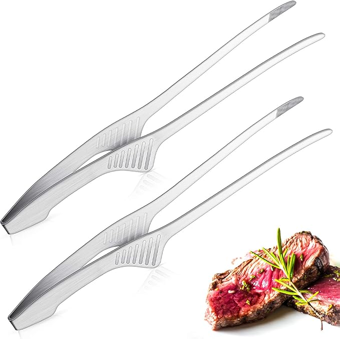 Patelai Korean and Japanese BBQ Tongs Non Slip Cooking Utensils Stainless Steel Tongs for Serving Food, Salad, Camping, Barbecue, Buffet, Oven with Support Stand(Silver,2 Pieces)