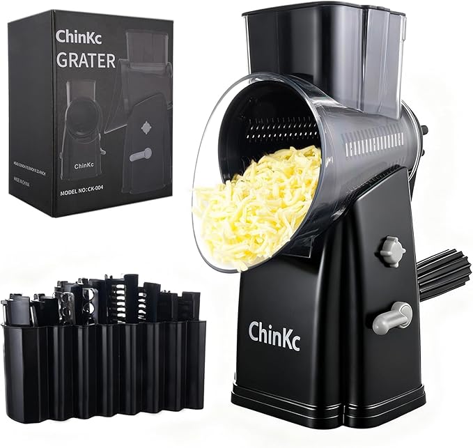 Rotary Cheese Grater Shredder - Upgraded 5 in 1 Cheese Grater with Handle and Strong Suction Base, Multi-purpose Julienne Slicer Ice Shaver Nuts Grinder for Ice, Vegetables, Fruit, Nuts