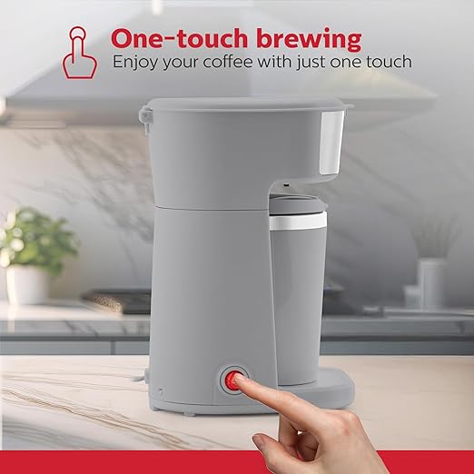 Holstein Housewares Personal Coffee Maker with 14oz Travel Mug – Compact One-Touch Brew Machine with Reusable Filter, Auto Shut-Off, Non-Stick Plate, Ideal for Home, Office, or Dorm. Grey
