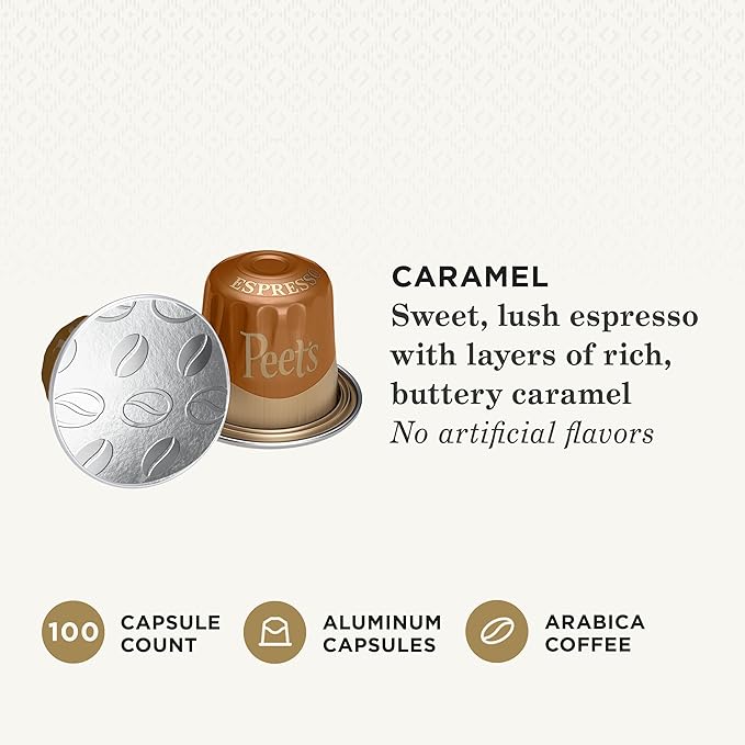 Peet's Coffee, Medium Roast Espresso Capsules, Compatible with Nespresso Original Machine - Caramel, 100 Count (10 Boxes of 10 Espresso Capsules)