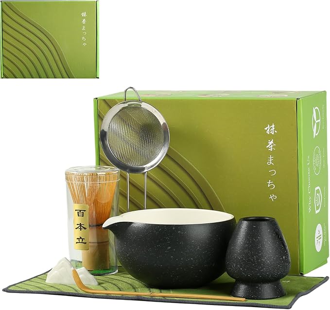 Matcha Whisk Set, Ceramic Matcha Set with Spout, Matcha Bowl Kit with Sifter, Whisk and Holder, Bamboo Scoop, Scoop Rest, Tea Towel, 7 Pcs Matcha Kit Set for Making Breakfast/Latte for Matcha Lovers