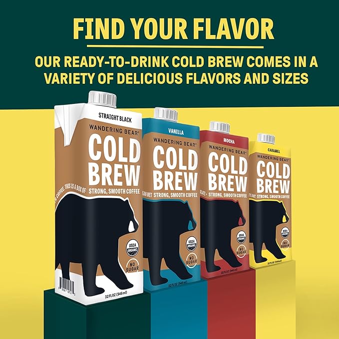 Wandering Bear Extra Strong Organic Cold Brew Coffee, Straight Black, 32 fl oz, 1 pack - Smooth, Organic, Unsweetened, Shelf-Stable, and Ready to Drink Cold Brew