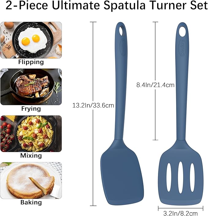 Coukre 2 Pack Silicone Spatula Set, High Heat Resistant, BPA Free Kitchen Spatula, Solid & Slotted Turner for Non-Stick Pans, Sautéing, and Flipping (2, PureDarkBlue)