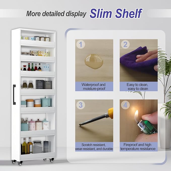 7-Tier Slim Storage Cart, Wooden Rolling Pantry Cabinet with Wheels, Narrow Shelf Organizer for Kitchen, Bakers Rack, Dining Room, Closet, Small Spaces Warm White 47.2" H*9.8" W*23.6" D