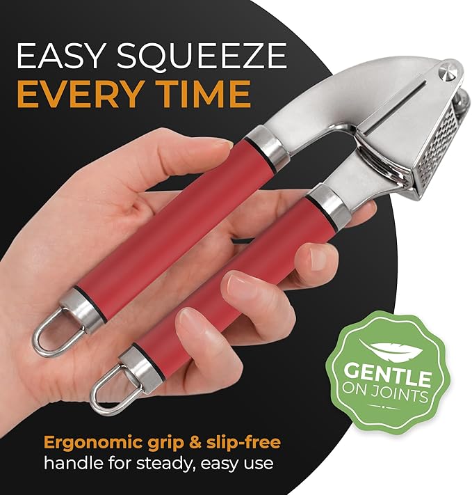 ORBLUE Garlic Press Stainless Steel - Premium Professional Grade Garlic Mincer, Crusher & Peeler Set - Easy Clean, Dishwasher Safe & Rust-proof, Red
