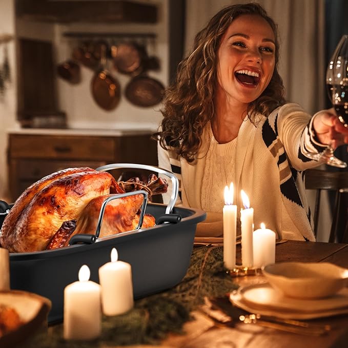 Roasting Pan, 17 Inch x 13 Inch Roaster with Removable Rack, Nonstick Roaster Pan for Roasting Turkey, Meat & Vegetables (Silver)