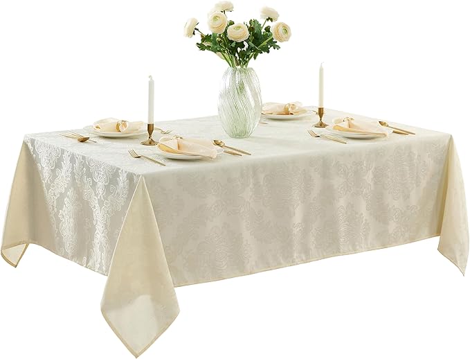 Newbridge Barcelona Luxury Damask Fabric Tablecloth, 70” Extra Wide x 90” Rectangle, Antique White, 100% Polyester, No Iron, Soil Resistant Dining Room, Party and Banquet Table Cover