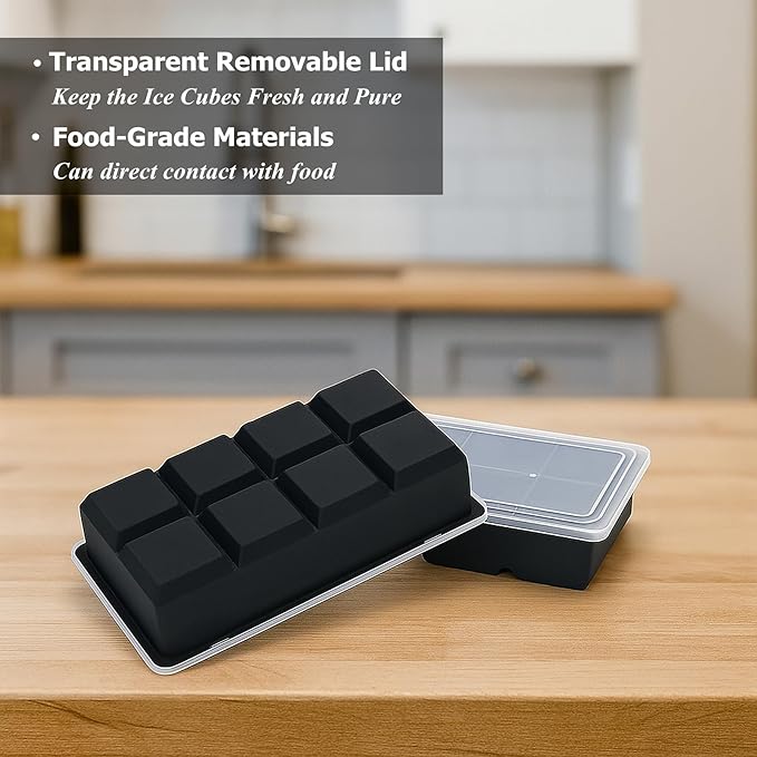 Bangp Large Ice Cube Tray for Whiskey,2 Pack Stackable Big Ice Cube Molds Make 16 Big Whiskey Ice Cubes,Easy Release Square Ice Cube Maker for Cocktails,Whiskey,Soups and Frozen Treats