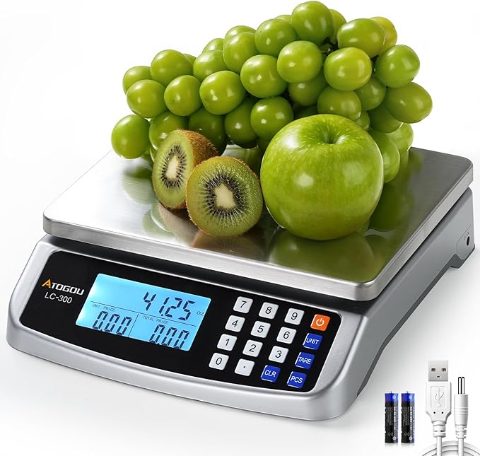 66lb Food Scale, Commercial Kitchen Scale with Price Computing, Plug-in Usable, 0.05oz/1g, 304 Stainless Steel, for Cooking, Vegetables, Farm, Industry, Counting. LC300 Silver