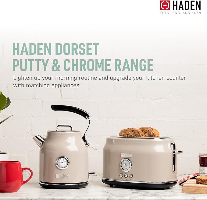 Haden Dorset 2 Slice Wide Slot Stainless Steel Toaster with Adjustable Browning Control & Non-Slip Feet, Putty & Chrome