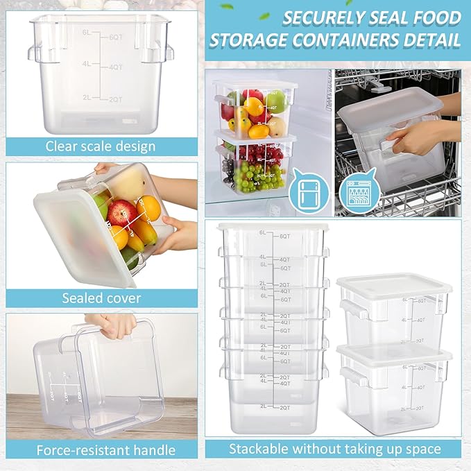 Yungyan 12 Pcs 4 Qt Commercial Food Storage Containers with Lids Restaurant Square Airtight Food Storage Containers Clear Cereal Container for Kitchen Freezer Dishwasher Pantry (White Lid)