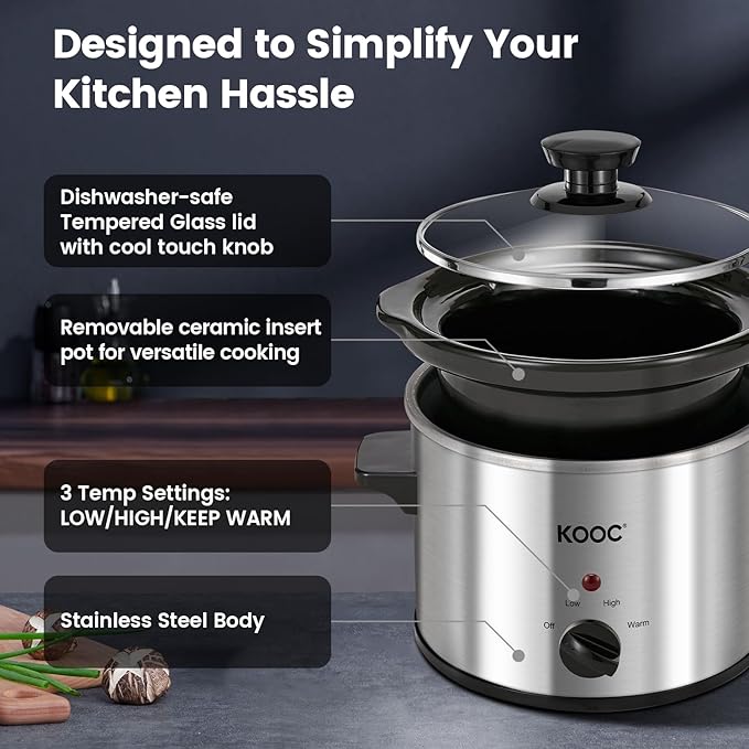 KOOC Small Slow Cooker, 2 Quart, Free Liners Included for Easy Clean-up, Upgraded Ceramic Crock, Adjustable Temp, Nutrient Loss Reduction, Stainless Steel, Silver, Round
