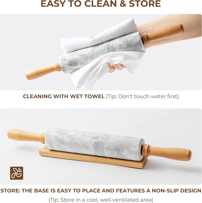WORHE Marble Rolling Pin with Non-Stick Silicone Mat & Wood Base, 16.9-Inch Heavy Weight Dough Roller for Pizza Crust, Cookies, Pasta, Fondant, Pastry Polished Non-Stick Surface White (WH076)