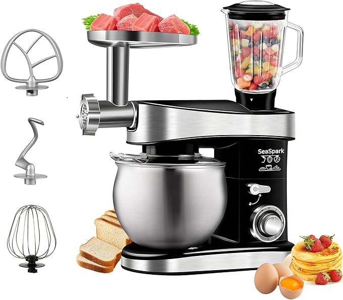 Multifunctional Stand Mixer 6.3Qt 6-Speed Tilt-head, Electric Kitchen Mixer with Stainless Steel Bowl,Meat Grinder, Juice Blender (Black)