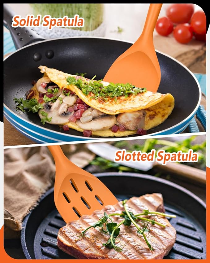 Pack of 2 Silicone Spatula, Non Stick Cooking Utensil Set, Wooden Handle Kitchen Turner for Baking Mixing Grilling Serving Food Heat Resistant (ORANGE)