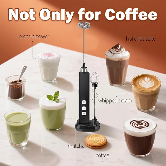 Rechargeable Milk Frother Handheld with 3 Detachable Stainless Whisks, 3 Speed Adjustable Drink Mixer, Mini Frother Wand for Coffee, Matcha, Protein Shakes, with Charging Base and Whisk Storage