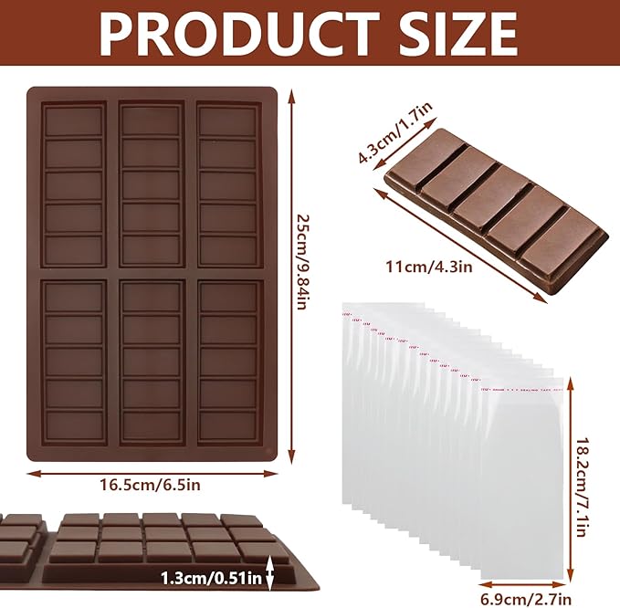 Chocolate Bar Molds Silicone Snap Bars Making Set Food Grade Break-Apart Chocolate Molds with 100pcs Storage Bags for Chocolate Bar Pistachio Candy Chocolate Snacks Milk Chocolate Bar