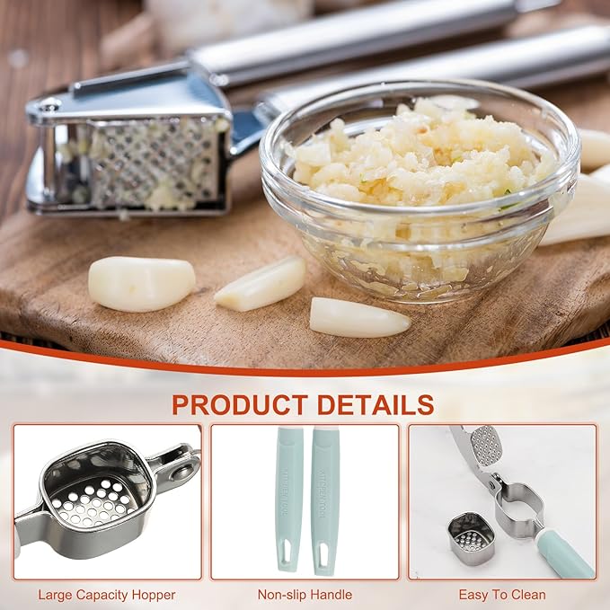 uxcell Garlic Press, 7.7 Inch Stainless Steel Garlic Crusher and Peeler Set for Home Cooks and Professional Chefs, Silver