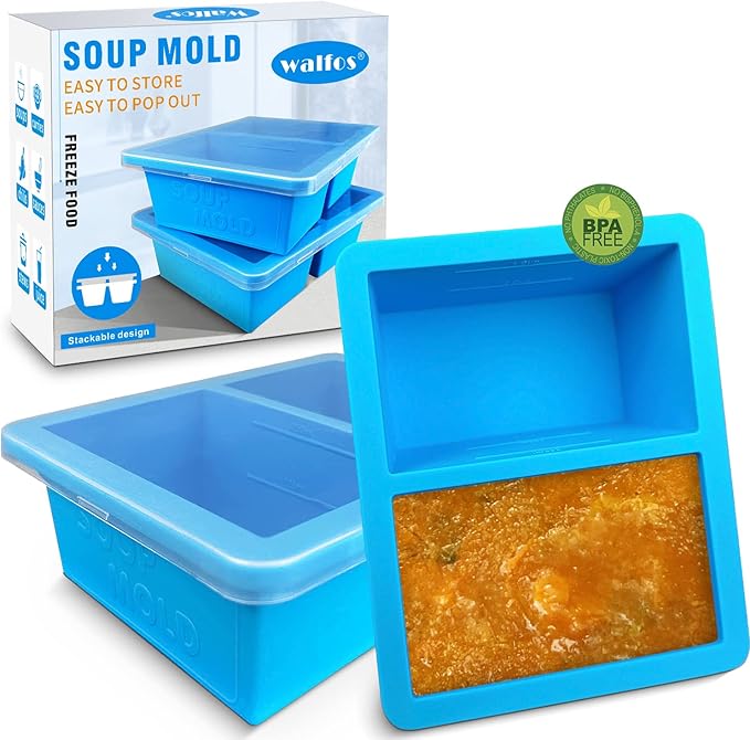 Extra-Large Silicone Freezing Tray with Lid, Walfos 1-Cup Freezer Tray for Soup, Silicone Soup Freezer Container For Storing and Freezing Soup, Broth, Sauce and Ice, 2 Pack